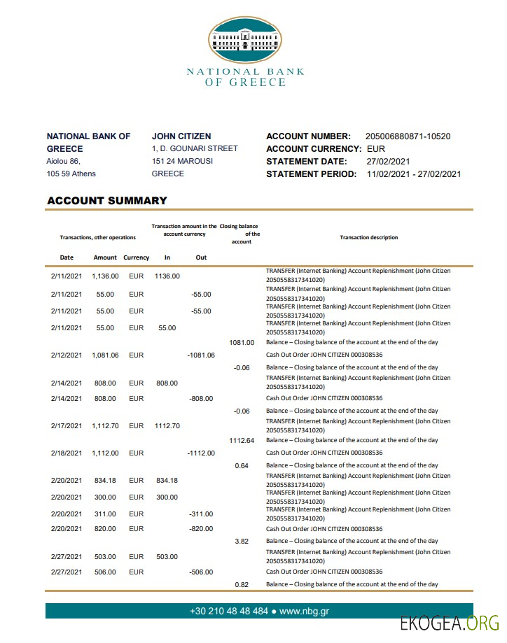 Modèle de relevé bancaire de la Banque nationale de Grèce en Grèce au format de fichier .xls et .pdf